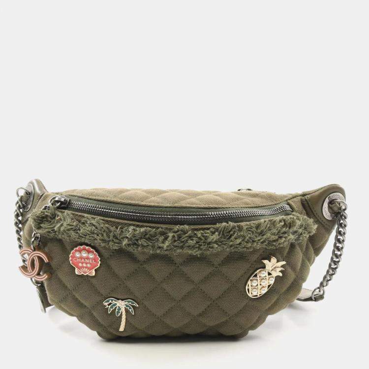 Pre Owned Chanel Matelasse Khaki Canvas Leather Waist Bag