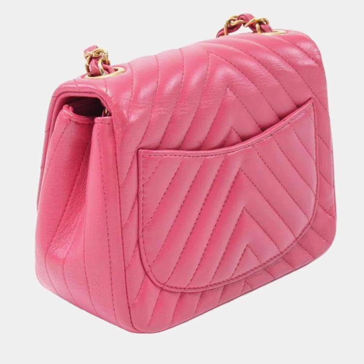 Pre Owned Chanel Mini Flap Chevron Pink Lambskin Shoulder Bag