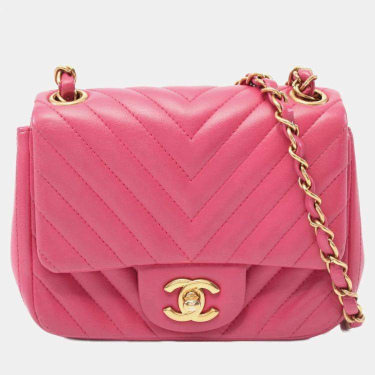 Pre Owned Chanel Mini Flap Chevron Pink Lambskin Shoulder Bag