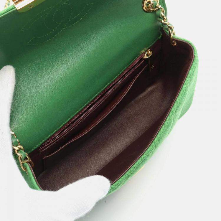 Pre Owned Chanel Matelasse Green Cotton Jersey Leather Single Flap Shoulder Bag
