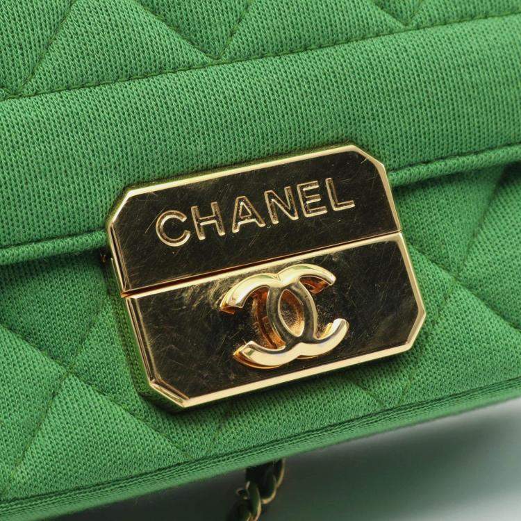 Pre Owned Chanel Matelasse Green Cotton Jersey Leather Single Flap Shoulder Bag