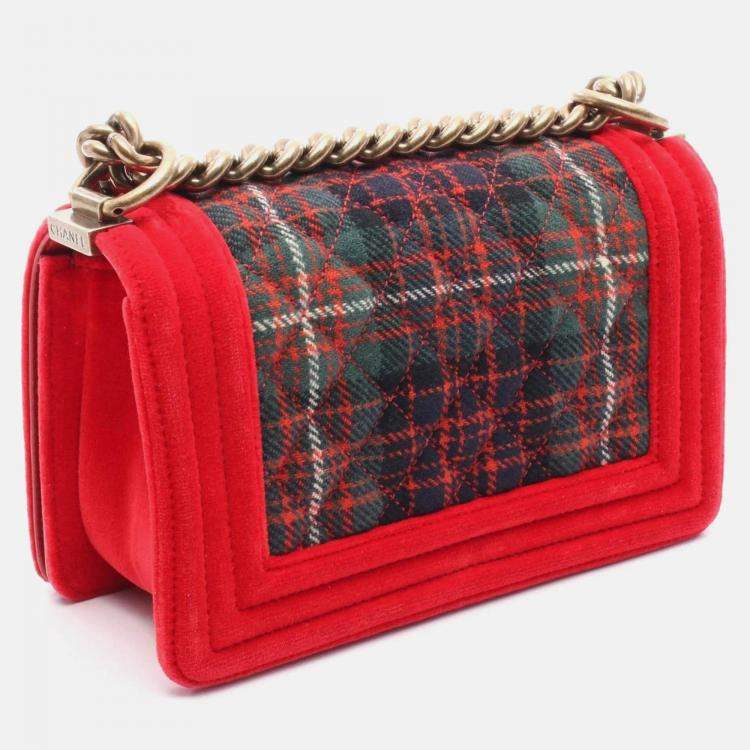 Pre Owned Chanel Boy Small Red Green Multicolor Fabric Canvas Shoulder Bag