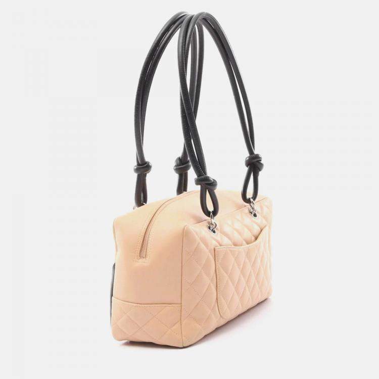 Pre Owned Chanel Cambon Line Beige Black Leather Bowling Shoulder Bag