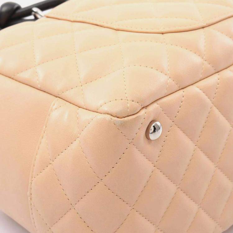 Pre Owned Chanel Cambon Line Beige Black Leather Bowling Shoulder Bag