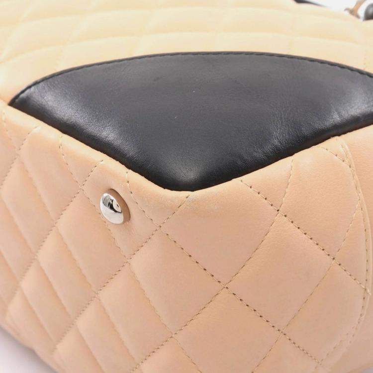 Pre Owned Chanel Cambon Line Beige Black Leather Bowling Shoulder Bag