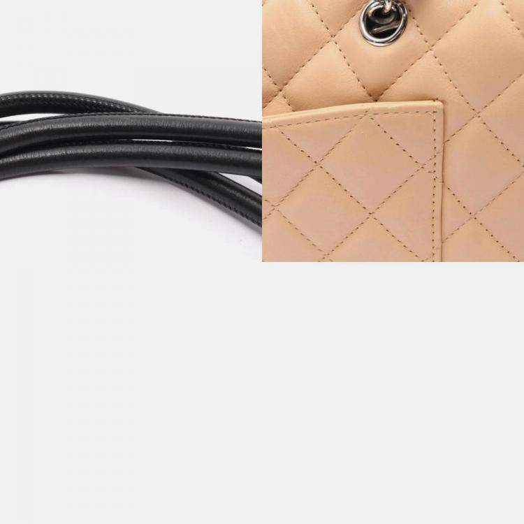 Pre Owned Chanel Cambon Line Beige Black Leather Bowling Shoulder Bag