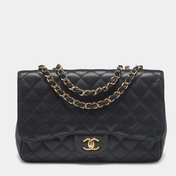 Pre Owned Chanel Black Quilted Caviar Leather Jumbo Classic Single Flap Bag