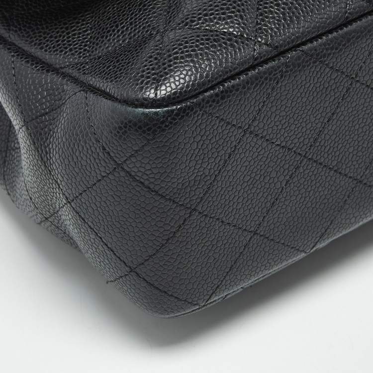 Pre Owned Chanel Black Quilted Caviar Leather Jumbo Classic Single Flap Bag