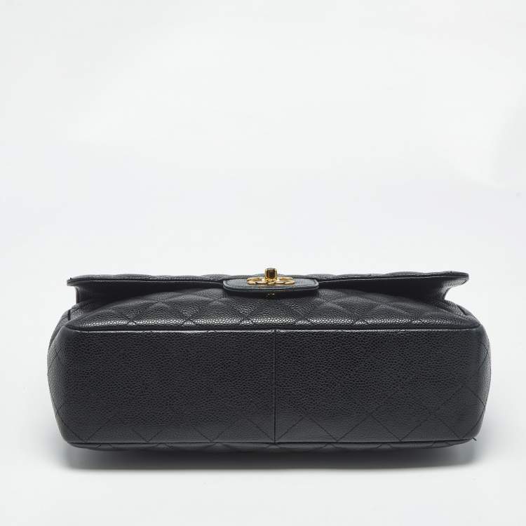 Pre Owned Chanel Black Quilted Caviar Leather Jumbo Classic Single Flap Bag