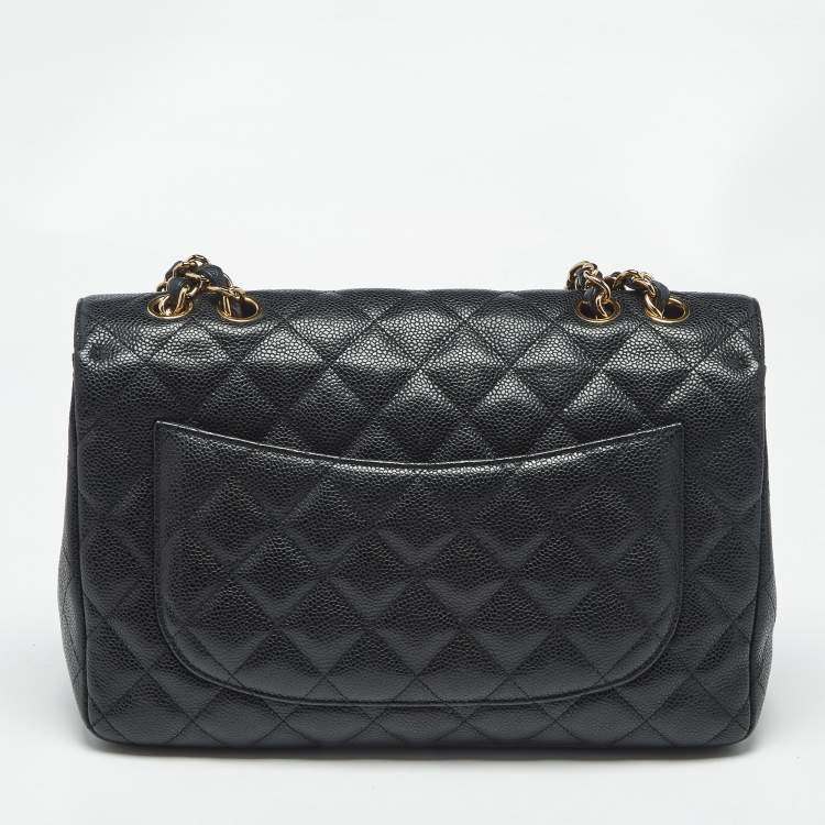 Pre Owned Chanel Black Quilted Caviar Leather Jumbo Classic Single Flap Bag
