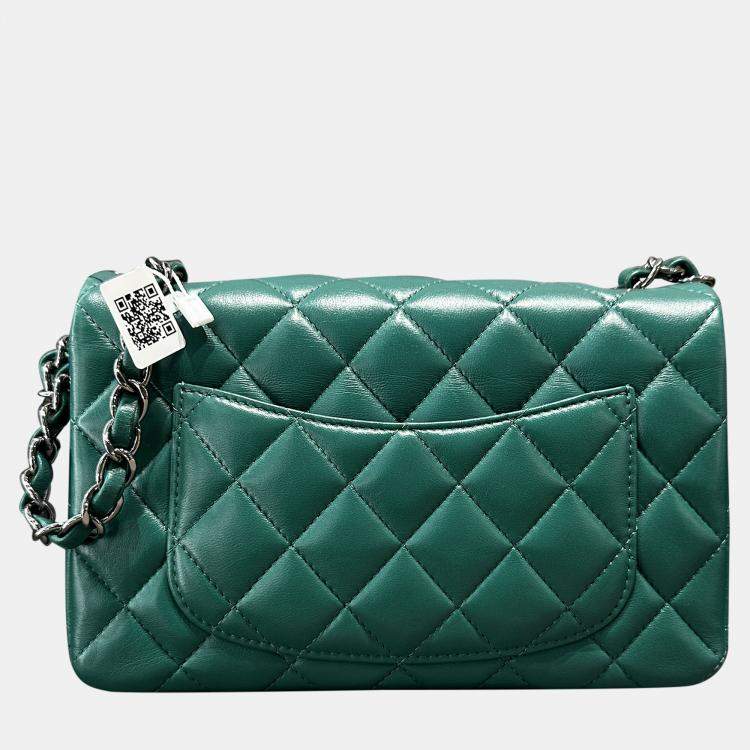 Pre Owned Chanel Classic Flap Mini Green Lambskin Leather Shoulder Bag