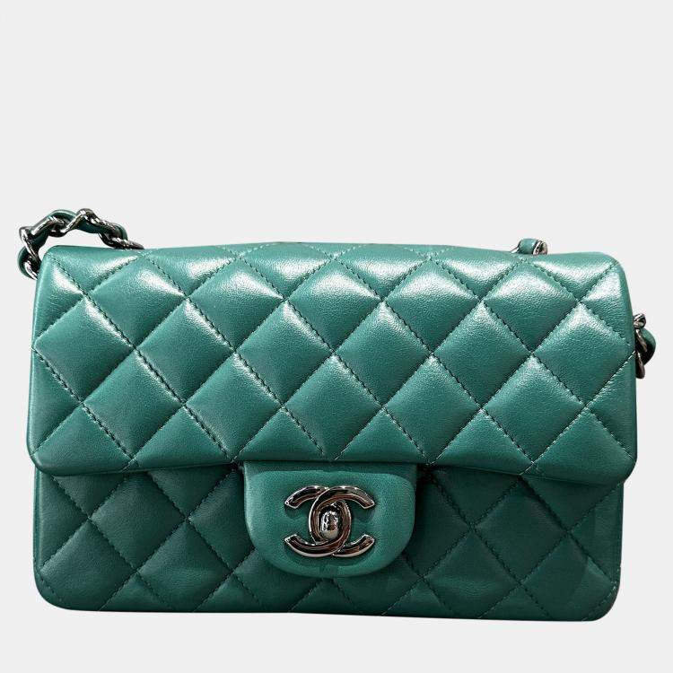 Pre Owned Chanel Classic Flap Mini Green Lambskin Leather Shoulder Bag