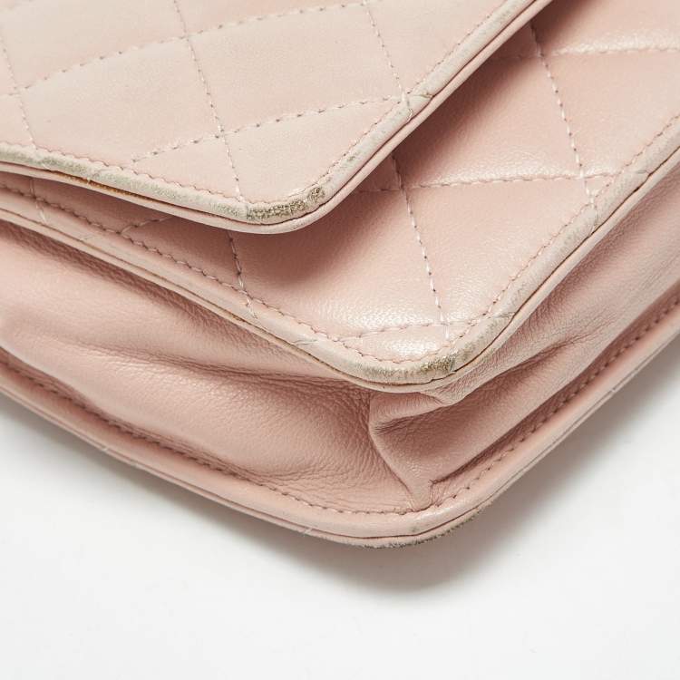 Pre Owned Chanel Light Pink Quilted Leather CC Wallet on Chain