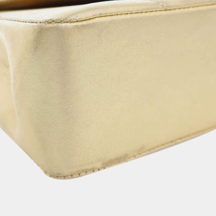 Pre Owned Chanel Gold Small Chevron Metallic Lambskin V Stitch Bijoux Flap