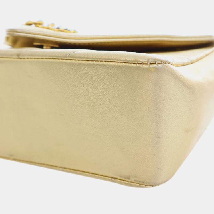 Pre Owned Chanel Gold Small Chevron Metallic Lambskin V Stitch Bijoux Flap