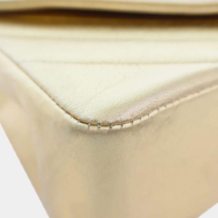 Pre Owned Chanel Gold Small Chevron Metallic Lambskin V Stitch Bijoux Flap