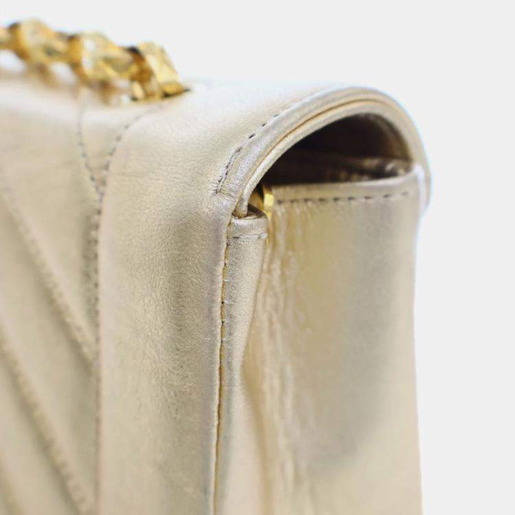 Pre Owned Chanel Gold Small Chevron Metallic Lambskin V Stitch Bijoux Flap