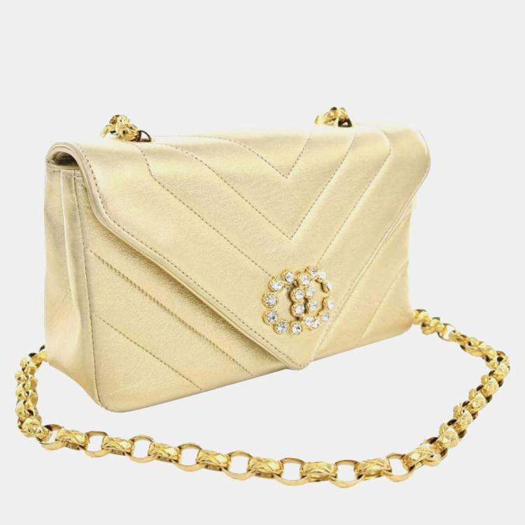 Pre Owned Chanel Gold Small Chevron Metallic Lambskin V Stitch Bijoux Flap