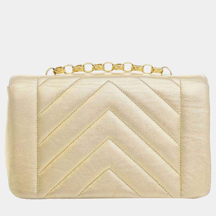 Pre Owned Chanel Gold Small Chevron Metallic Lambskin V Stitch Bijoux Flap
