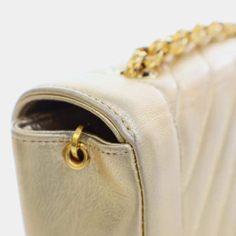 Pre Owned Chanel Gold Small Chevron Metallic Lambskin V Stitch Bijoux Flap