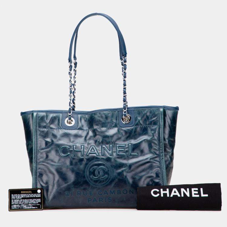 Pre Owned Chanel Blue Small Glazed Calfskin Deauville Tote