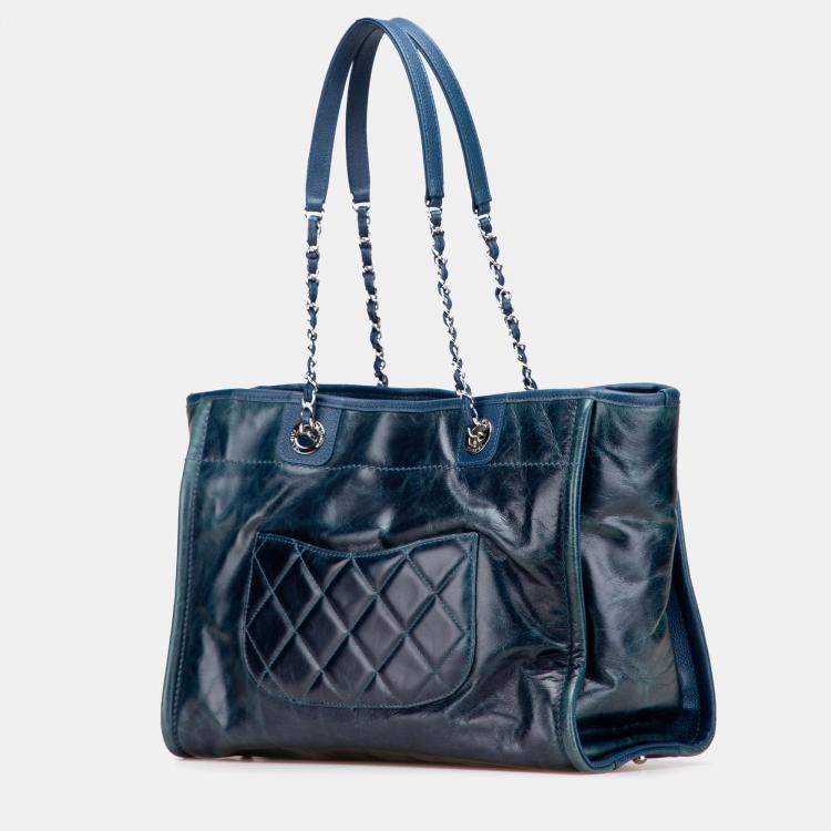 Pre Owned Chanel Blue Small Glazed Calfskin Deauville Tote