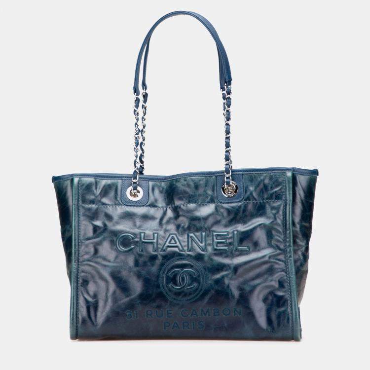 Pre Owned Chanel Blue Small Glazed Calfskin Deauville Tote