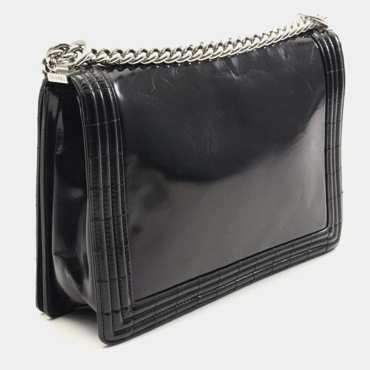 Pre Owned Chanel Boy Black Patent Leather Shoulder Bag