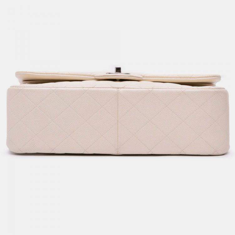 Pre Owned Chanel Classic Double Flap Jumbo White Caviar Shoulder Bag