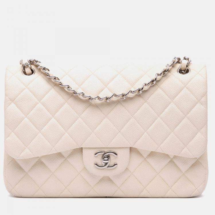 Pre Owned Chanel Classic Double Flap Jumbo White Caviar Shoulder Bag