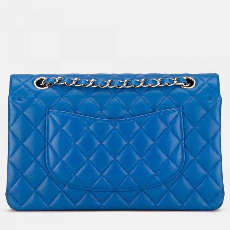 Pre Owned Chanel Classic Double Flap Medium Blue Lambskin Shoulder Bag