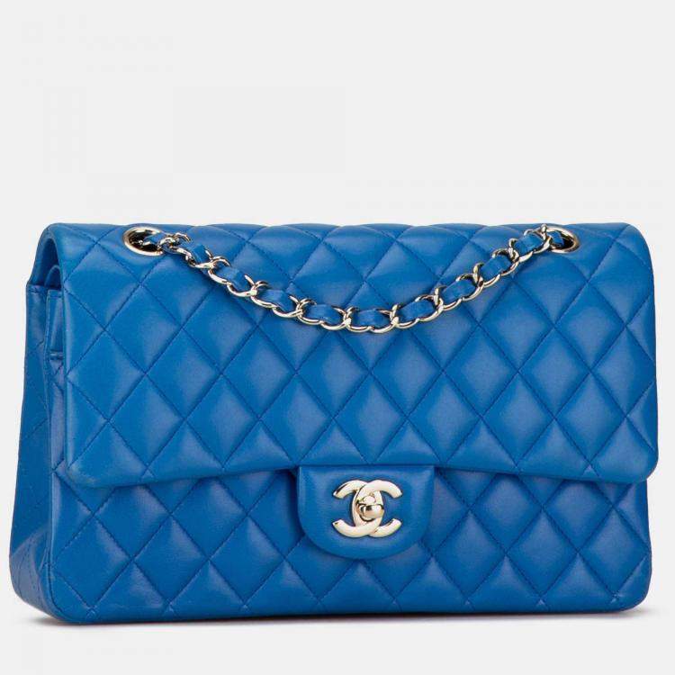 Pre Owned Chanel Classic Double Flap Medium Blue Lambskin Shoulder Bag