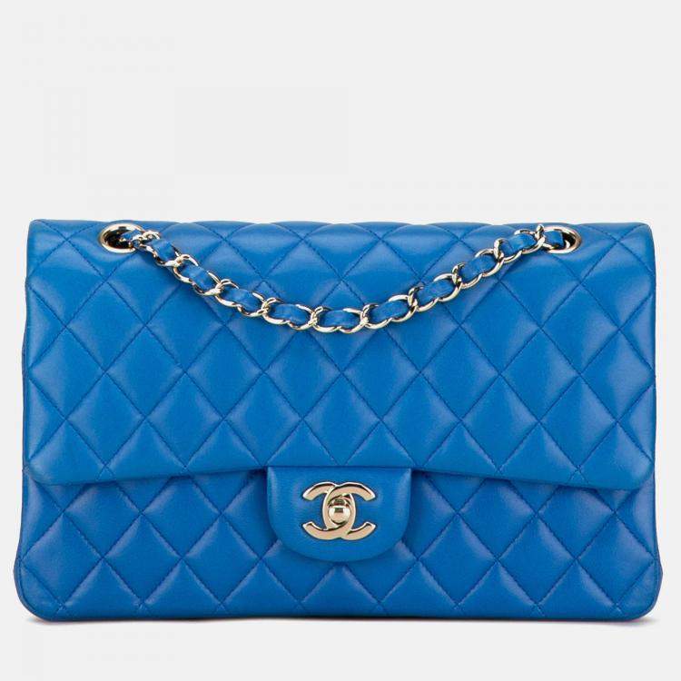 Pre Owned Chanel Classic Double Flap Medium Blue Lambskin Shoulder Bag
