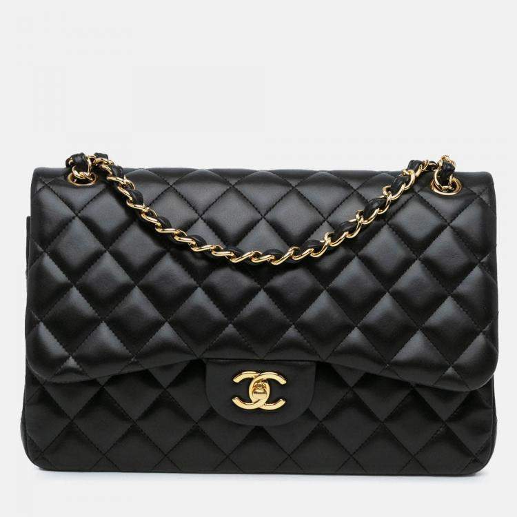 Pre Owned Chanel Classic Double Flap Jumbo Black Lambskin Shoulder Bag