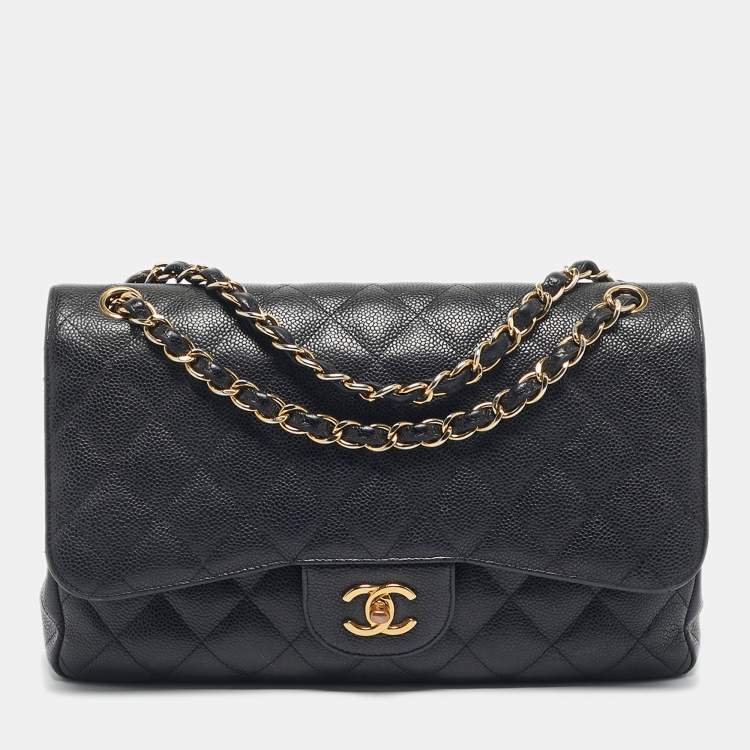 Pre Owned Chanel Black Quilted Caviar Leather Jumbo Classic Double Flap Bag
