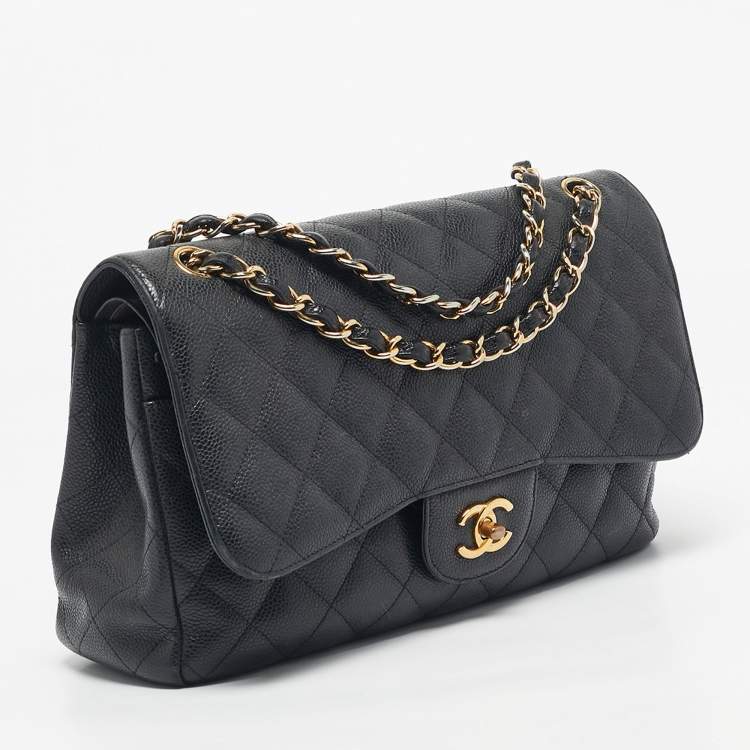 Pre Owned Chanel Black Quilted Caviar Leather Jumbo Classic Double Flap Bag