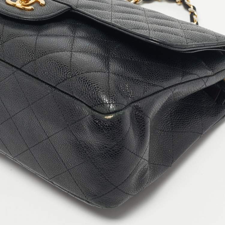 Pre Owned Chanel Black Quilted Caviar Leather Jumbo Classic Double Flap Bag