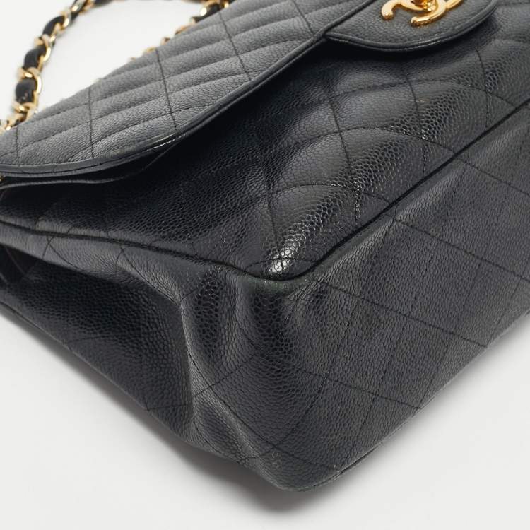 Pre Owned Chanel Black Quilted Caviar Leather Jumbo Classic Double Flap Bag