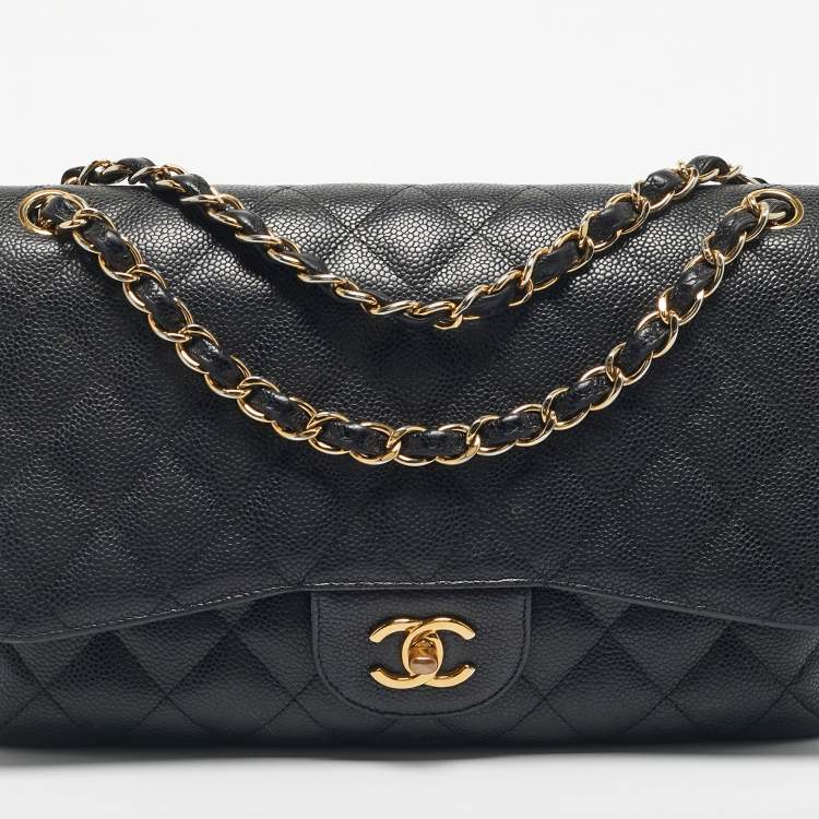 Pre Owned Chanel Black Quilted Caviar Leather Jumbo Classic Double Flap Bag