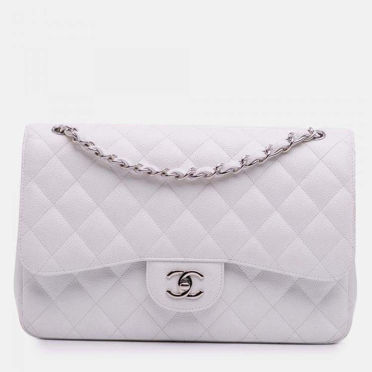 Pre Owned Chanel White Jumbo Classic Caviar Double Flap