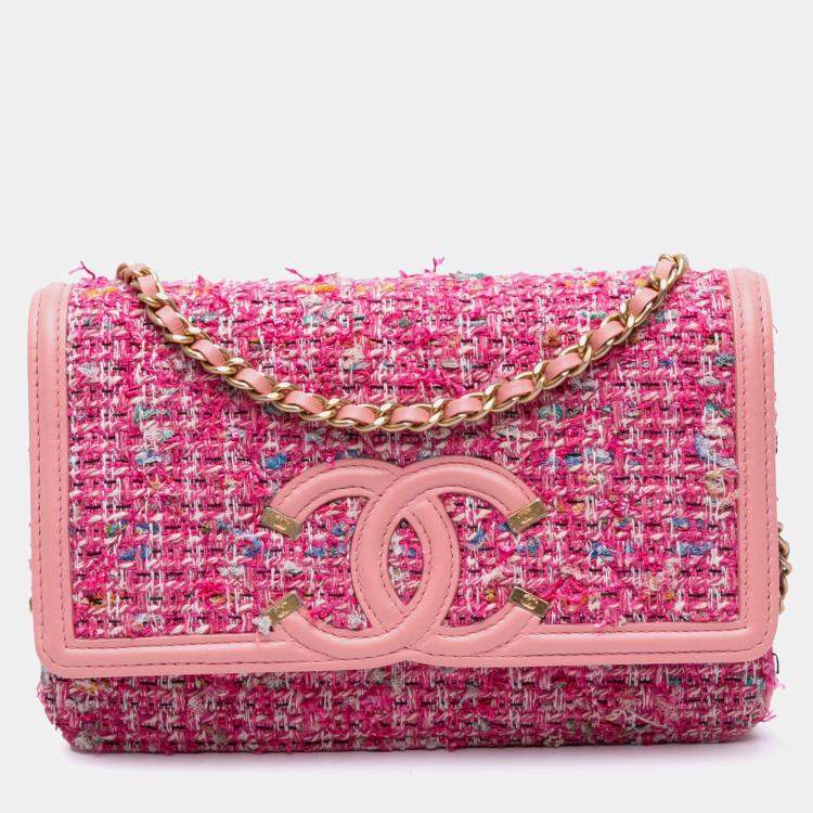 Pre Owned Chanel Pink Small Tweed CC Filigree Flap