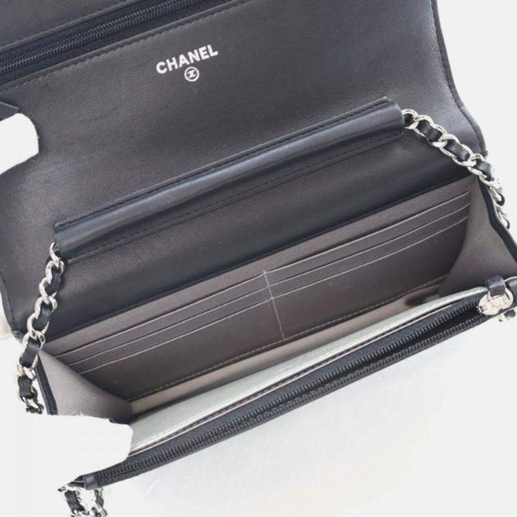 Pre Owned Chanel Camellia Black Lambskin Wallet On Chain