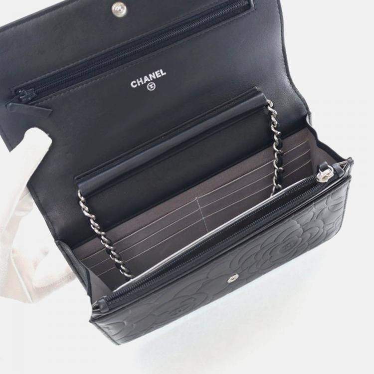 Pre Owned Chanel Camellia Black Lambskin Wallet On Chain