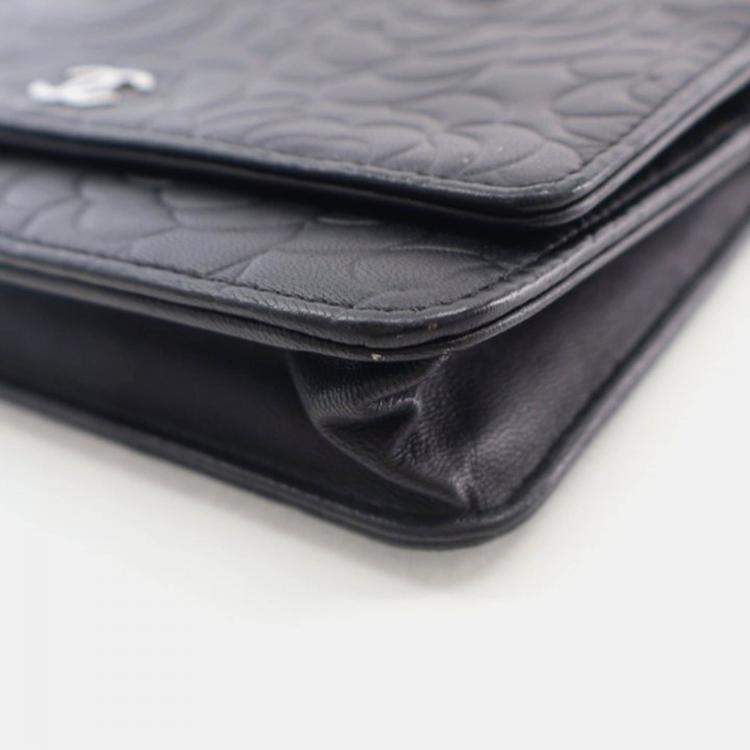 Pre Owned Chanel Camellia Black Lambskin Wallet On Chain
