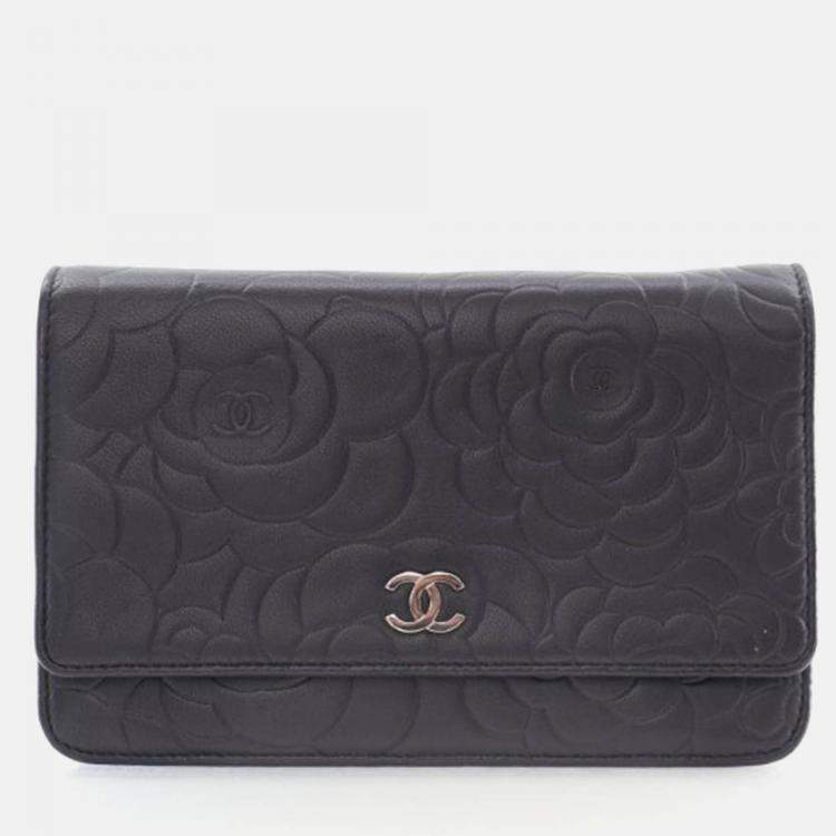 Pre Owned Chanel Camellia Black Lambskin Wallet On Chain