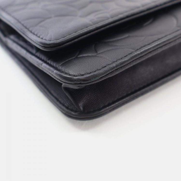 Pre Owned Chanel Camellia Black Lambskin Wallet On Chain