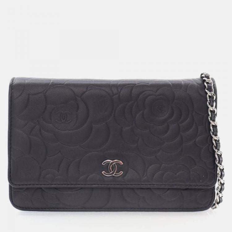 Pre Owned Chanel Camellia Black Lambskin Wallet On Chain