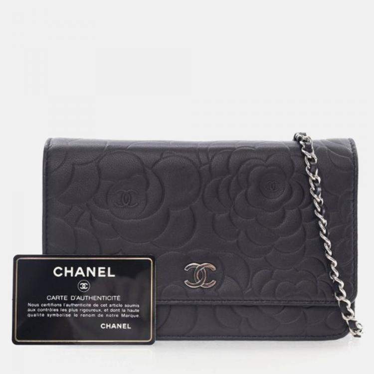 Pre Owned Chanel Camellia Black Lambskin Wallet On Chain