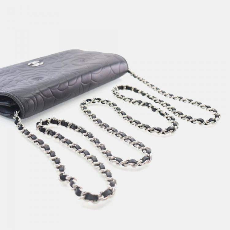 Pre Owned Chanel Camellia Black Lambskin Wallet On Chain