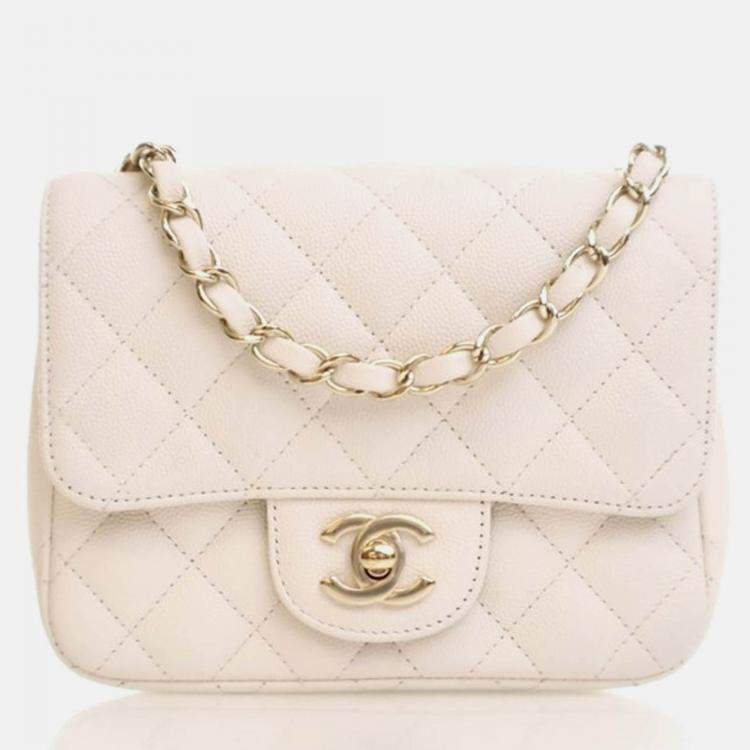 Pre Owned Chanel Mini White Caviar Square Classic Flap Bag